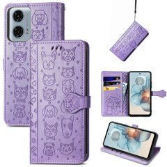 Чехол Embossed Cat and Dog для Motorola Moto G04s книжка кожа PU с визитницей фиолетовый