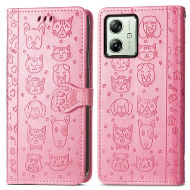 Чехол Embossed Cat and Dog для Motorola Moto G54 / G54 Power книжка кожа PU с визитницей розовый