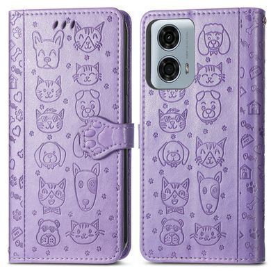 Чехол Embossed Cat and Dog для Motorola Moto G04s книжка кожа PU с визитницей фиолетовый