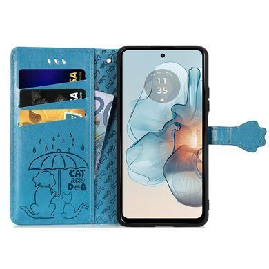 Чохол Embossed Cat and Dog для Motorola Moto G04s книжка шкіра PU з візитницею блакитний