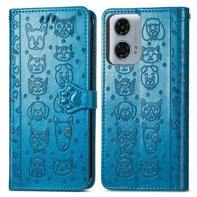Чохол Embossed Cat and Dog для Motorola Moto G04s книжка шкіра PU з візитницею блакитний