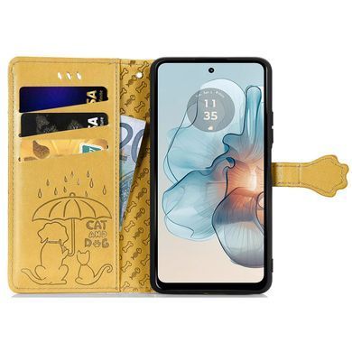 Чохол Embossed Cat and Dog для Motorola Moto G04s книжка шкіра PU з візитницею жовтий