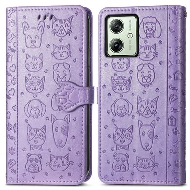 Чехол Embossed Cat and Dog для Motorola Moto G54 / G54 Power книжка кожа PU с визитницей фиолетовый