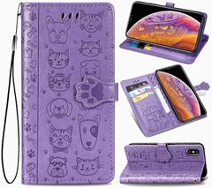 Чехол Embossed Cat and Dog для IPhone XS книжка с визитницей кожа PU фиолетовый