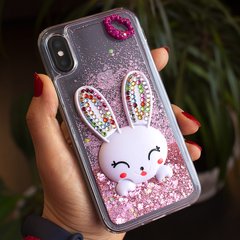 Чехол Glitter для Iphone X бампер жидкий блеск Заяц Розовый