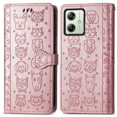 Чохол Embossed Cat and Dog для Motorola Moto G54 / G54 Power книжка шкіра PU з візитницею рожеве золото