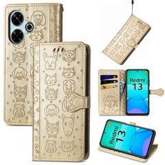 Чехол Embossed Cat and Dog для Xiaomi Redmi 13x книжка кожа PU с визитницей золотистый