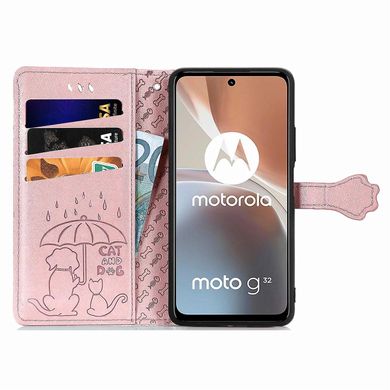 Чехол Embossed Cat and Dog для Motorola Moto G32 книжка кожа PU с визитницей розовое золото