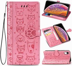 Чехол Embossed Cat and Dog для IPhone XR книжка с визитницей кожа PU розовый