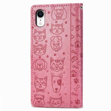 Чехол Embossed Cat and Dog для IPhone XR книжка с визитницей кожа PU розовый