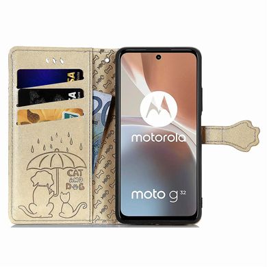 Чехол Embossed Cat and Dog для Motorola Moto G32 книжка кожа PU с визитницей золотистый