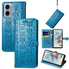 Чехол Embossed Cat and Dog для Motorola Moto G04 книжка кожа PU с визитницей голубой