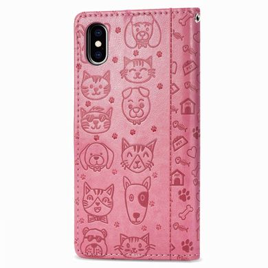 Чехол Embossed Cat and Dog для IPhone XS книжка с визитницей кожа PU розовый