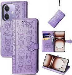 Чехол Embossed Cat and Dog для OPPO A3X / CPH2641 книжка кожа PU с визитницей фиолетовый