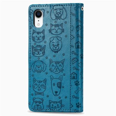 Чехол Embossed Cat and Dog для IPhone XR книжка с визитницей кожа PU голубой