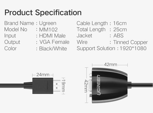 ​Конвертер адаптер Ugreen HDMI to VGA Converter 40253 black