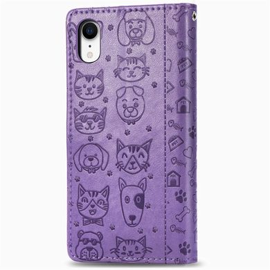 Чехол Embossed Cat and Dog для IPhone XR книжка с визитницей кожа PU фиолетовый