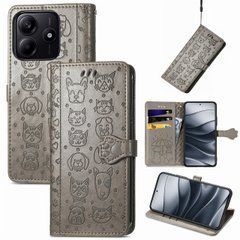 Чехол Embossed Cat and Dog для Xiaomi Redmi Note 14 4G EU Version книжка кожа PU с визитницей серый