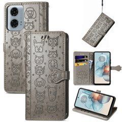 Чехол Embossed Cat and Dog для Motorola Moto G06 / Moto G06 Power книжка кожа PU с визитницей серый