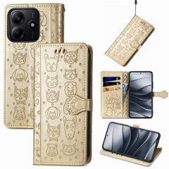 Чехол Embossed Cat and Dog для Xiaomi Redmi Note 14 4G EU Version книжка кожа PU с визитницей золотистый