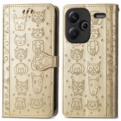 Чехол Embossed Cat and Dog для Xiaomi Redmi Note 13 Pro Plus 5G книжка кожа PU с визитницей золотистый