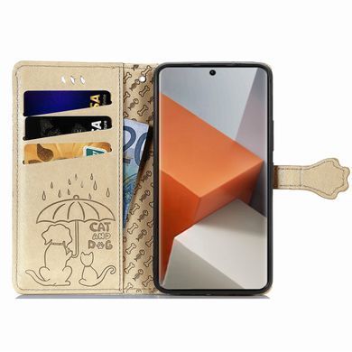 Чехол Embossed Cat and Dog для Xiaomi Redmi Note 13 Pro Plus 5G книжка кожа PU с визитницей золотистый