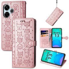 Чехол Embossed Cat and Dog для Xiaomi Redmi 13 книжка кожа PU с визитницей розовое золото