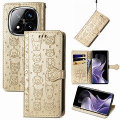 Чехол Embossed Cat and Dog для Xiaomi Redmi Note 14 Pro 4G книжка кожа PU с визитницей золотистый