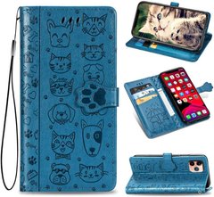 Чехол Embossed Cat and Dog для Iphone 11 Pro книжка с визитницей кожа PU голубой