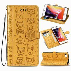 Чехол Embossed Cat and Dog для iPhone SE 2022 книжка кожа PU с визитницей желтый