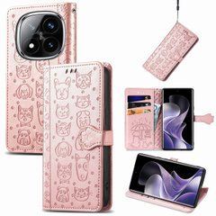 Чехол Embossed Cat and Dog для Xiaomi Redmi Note 14 Pro 4G книжка кожа PU с визитницей розовое золото