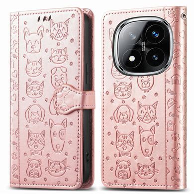 Чехол Embossed Cat and Dog для Xiaomi Redmi Note 14 Pro 4G книжка кожа PU с визитницей розовое золото