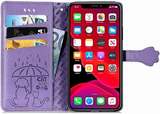 Чехол Embossed Cat and Dog для Iphone 11 Pro книжка с визитницей кожа PU фиолетовый