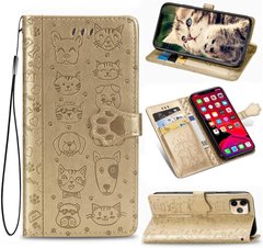 Чехол Embossed Cat and Dog для Iphone 11 Pro книжка с визитницей кожа PU золотистый