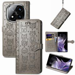 Чехол Embossed Cat and Dog для Xiaomi Redmi Note 14 Pro 4G книжка кожа PU с визитницей серый