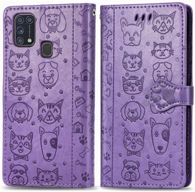 Чохол Embossed Cat and Dog для Samsung Galaxy M31 / M315 книжка шкіра PU Purple