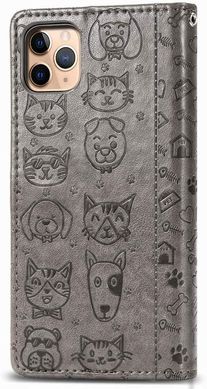 Чехол Embossed Cat and Dog для Iphone 11 Pro книжка с визитницей кожа PU серый