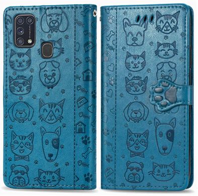 Чохол Embossed Cat and Dog для Samsung Galaxy M31 / M315 книжка шкіра PU Blue