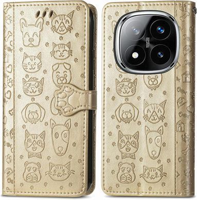 Чехол Embossed Cat and Dog для Xiaomi Redmi Note 15 Pro&nbsp;5G книжка кожа PU с визитницей золотистый