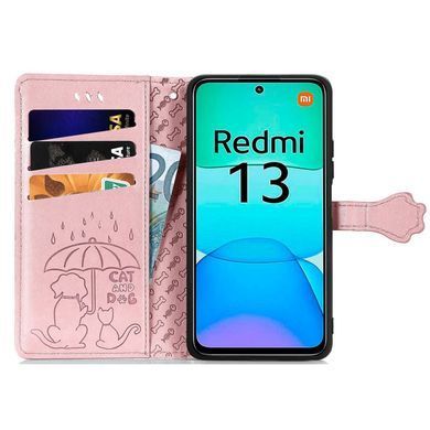 Чехол Embossed Cat and Dog для Xiaomi Poco M6 4G книжка кожа PU с визитницей розовое золото