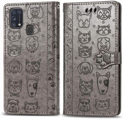 Чохол Embossed Cat and Dog для Samsung Galaxy M31 / M315 книжка шкіра PU Grey