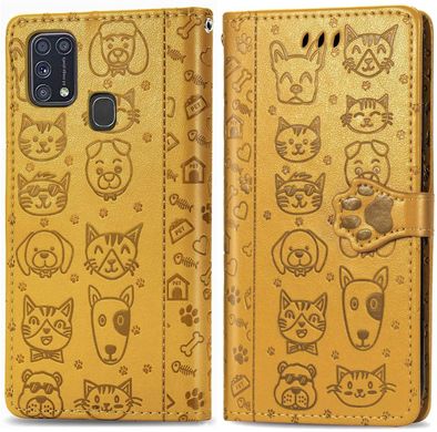 Чохол Embossed Cat and Dog для Samsung Galaxy M31 / M315 книжка шкіра PU Yellow