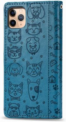 Чехол Embossed Cat and Dog для Iphone 11 Pro Max книжка с визитницей кожа PU голубой