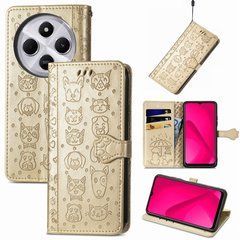 Чехол Embossed Cat and Dog для Xiaomi Poco C75 книжка кожа PU с визитницей золотистый
