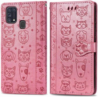 Чохол Embossed Cat and Dog для Samsung Galaxy M31 / M315 книжка шкіра PU Pink