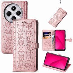 Чехол Embossed Cat and Dog для Xiaomi Poco C75 книжка кожа PU с визитницей розовое золото