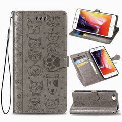 Чехол Embossed Cat and Dog для iPhone SE 2022 книжка кожа PU с визитницей серый