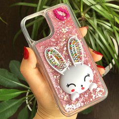 Чехол Glitter для Iphone 11 бампер жидкий блеск Заяц Розовый