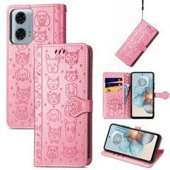 Чехол Embossed Cat and Dog для Motorola Moto G04s книжка кожа PU с визитницей розовый