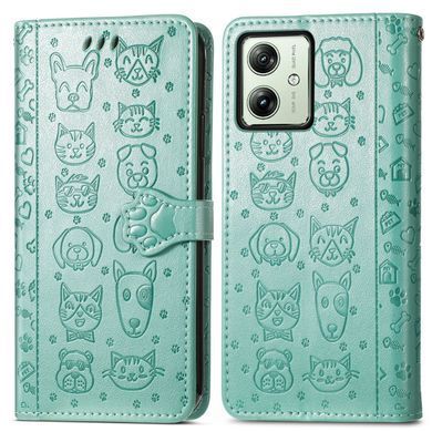 Чохол Embossed Cat and Dog для Motorola Moto G54 / G54 Power книжка шкіра PU з візитницею м'ятний